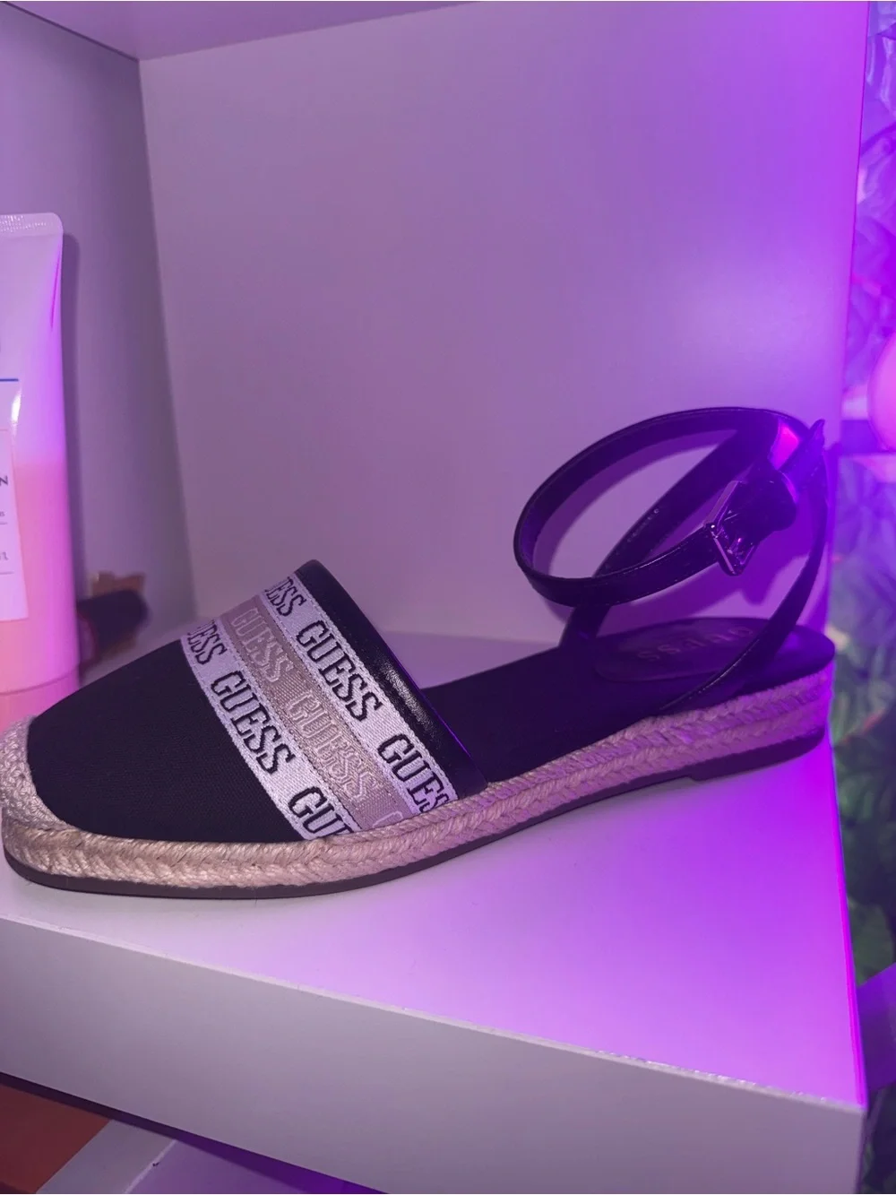GUESS Black and White Logo Espadrille Slingback